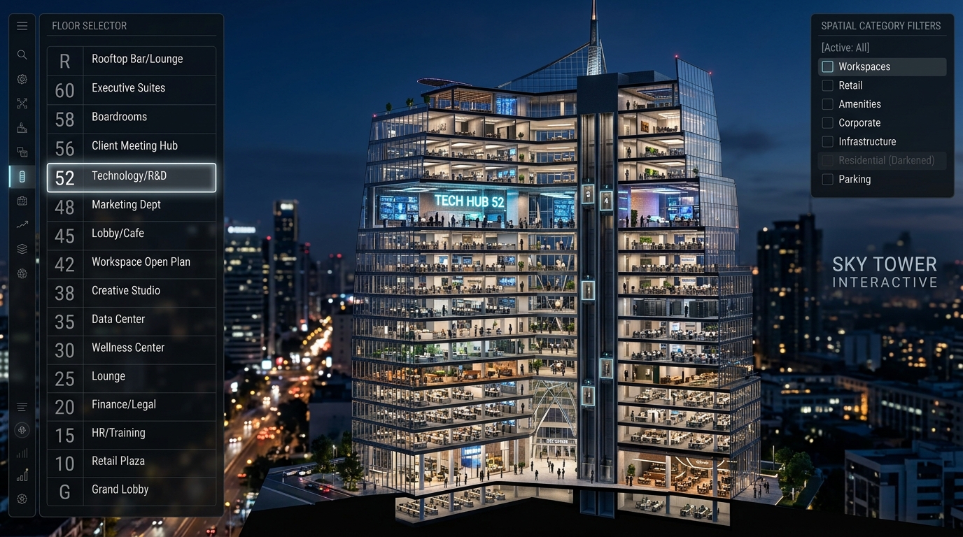 Multi-Story 3D Building Navigation: Custom Viewport Filtering & Spatial Search for Large Commercial Complexes